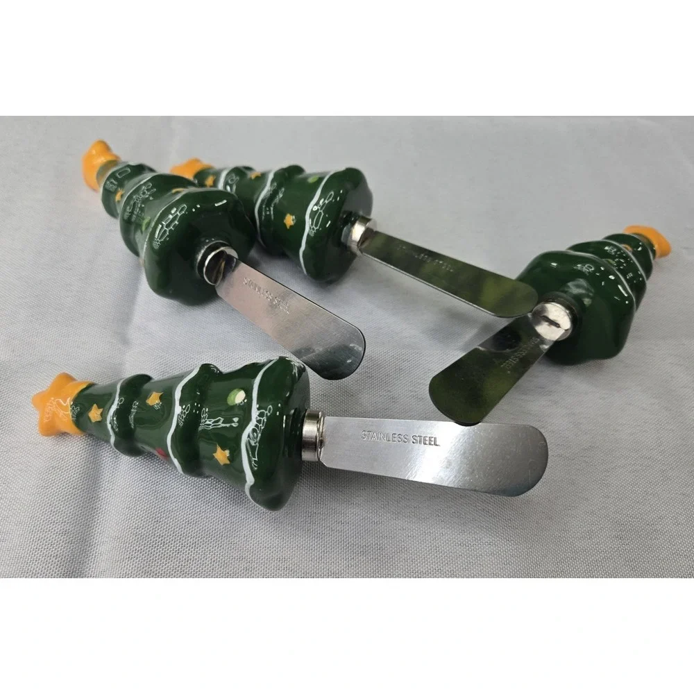 Christmas Tree Ceramic Handle STAINLESS STEEL Cheese Spreaders 4pc Set